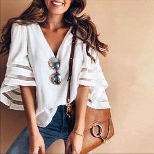 Deep V White Blouse
